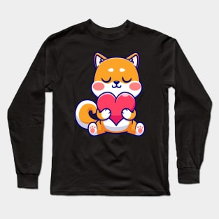 Cute Shiba Inu Dog Holding Love Heart Cartoon Long Sleeve T-Shirt